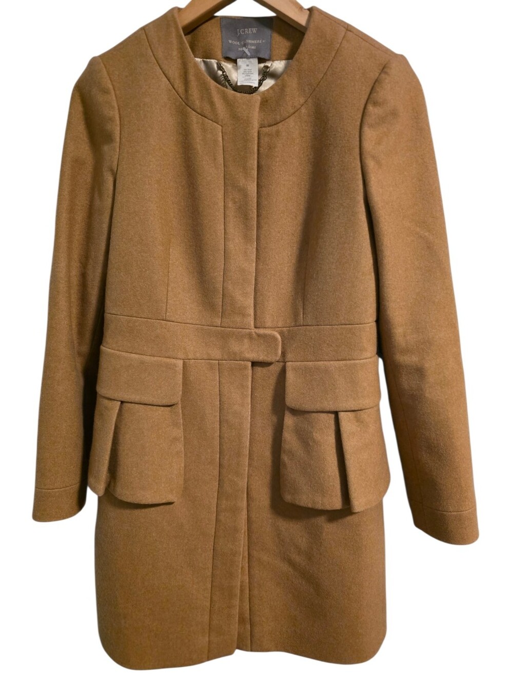 J.Crew Nello Gori Wool Cashmere Snap-Front Peplum Coat Pockets Camel Sz 00 VGUC